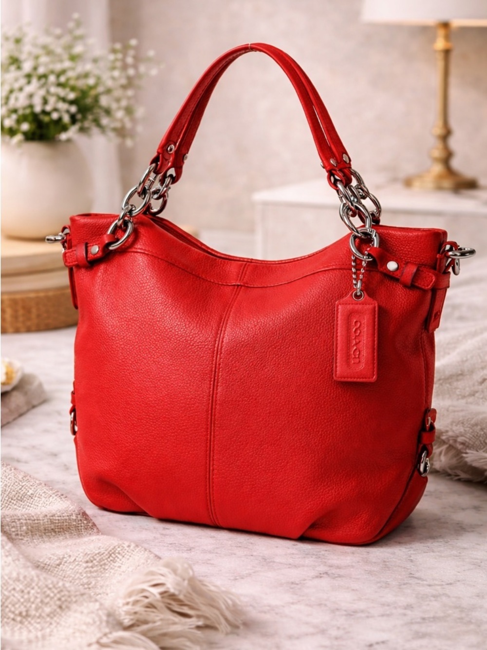 Coach Red Pebble Leather Shoulder Bag Silver Hardware tote